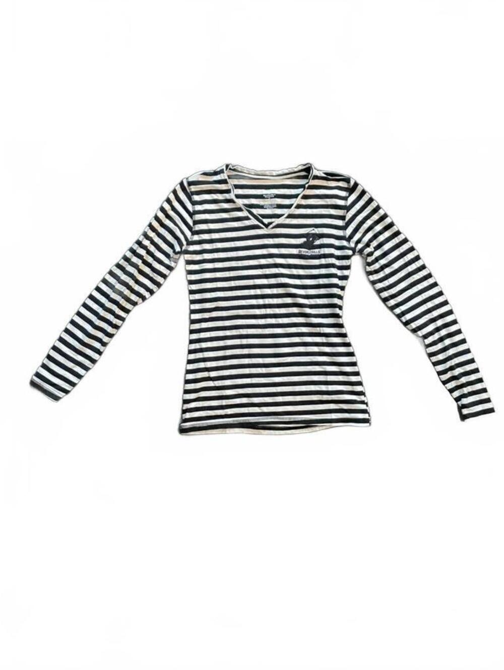 Beverly Hills Polo Club Women's Black and White Striped Long Sleeve V-Neck Shirt